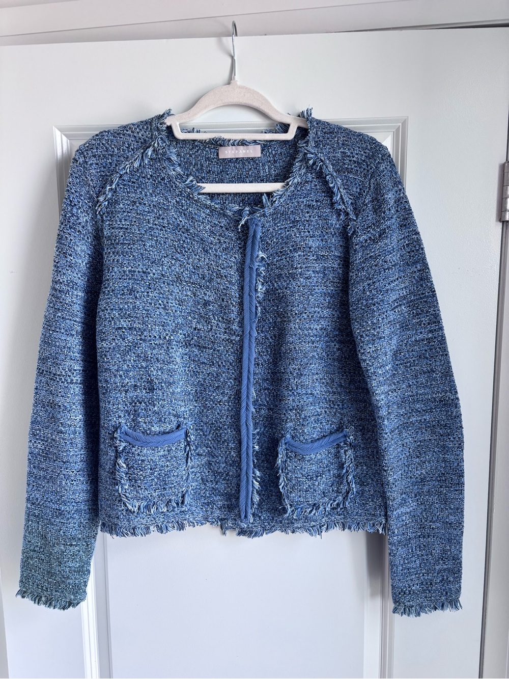 💙 Stefanel 100% Cotton Blue Textured Fringe Jacket – Size L